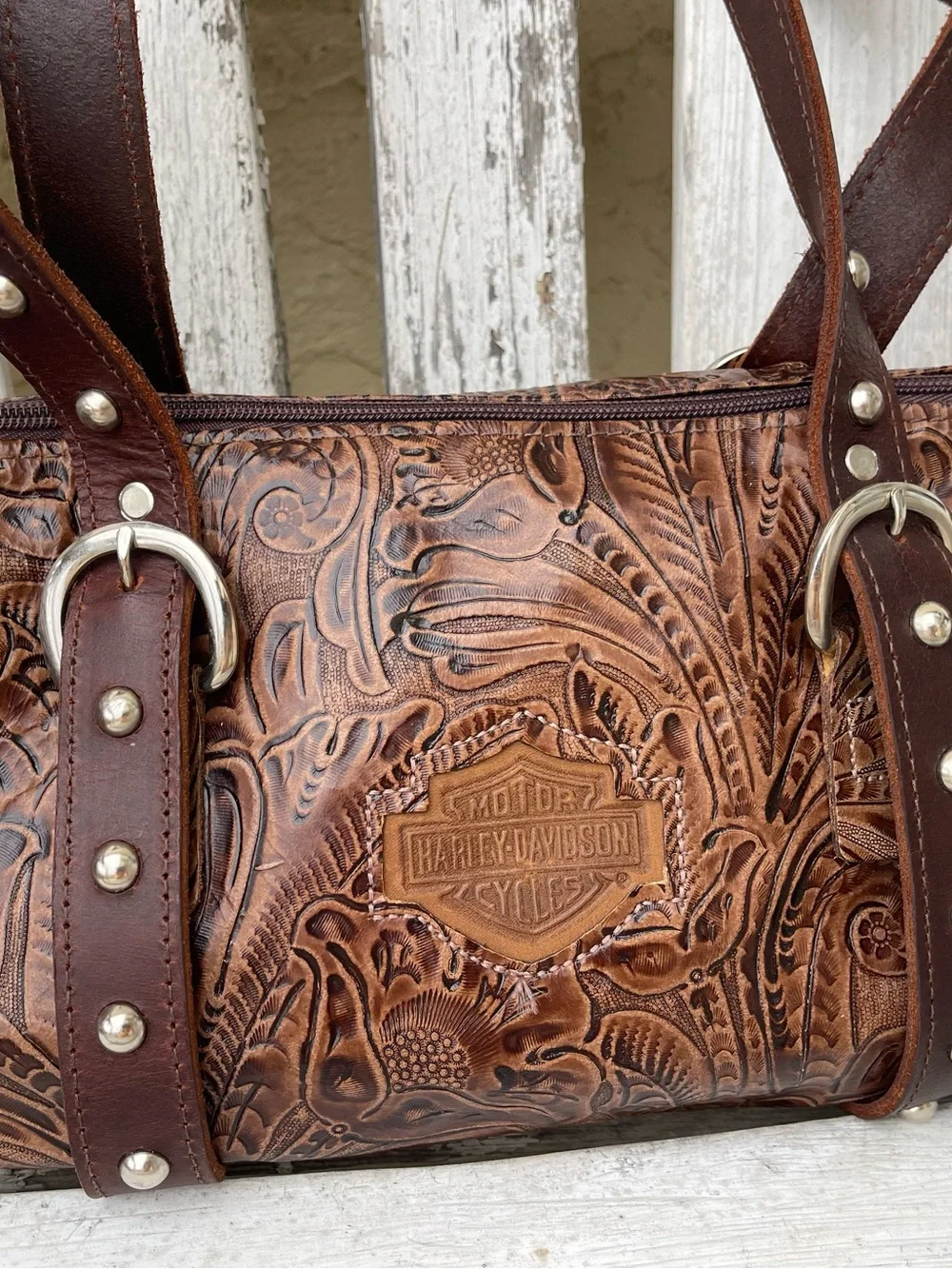 Harley-Davidson Brown Tooled Leather Barrel Satchel Shoulder Bag